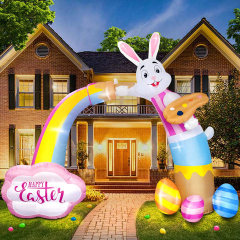 DomKom Easter bunny arch inflatable in sunny yard, festive display