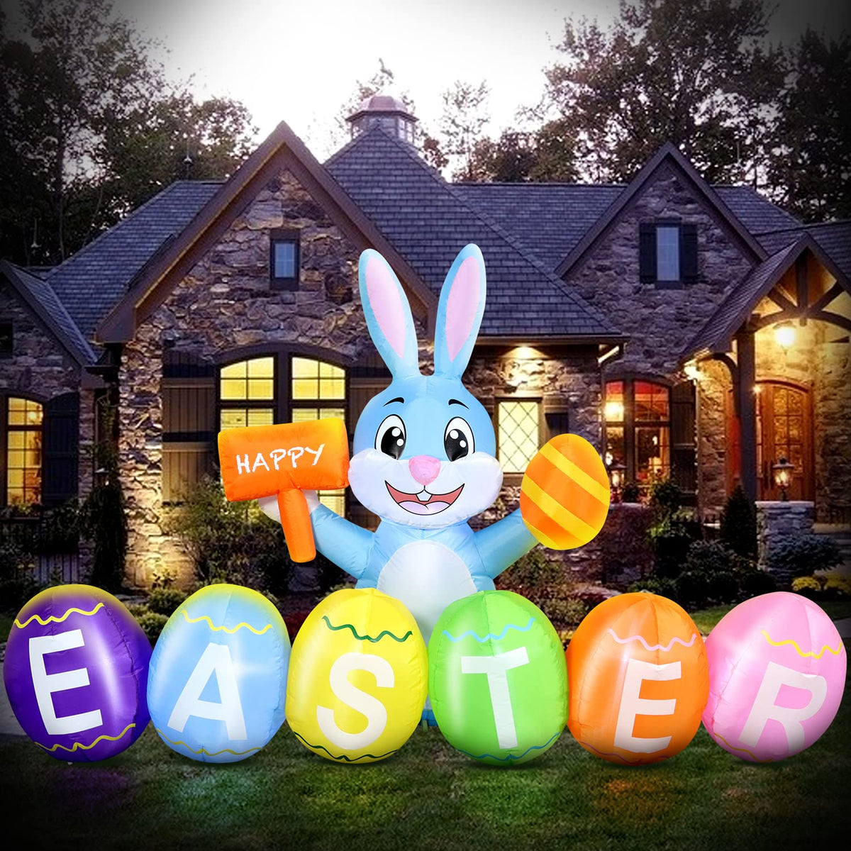 DomKom Easter inflatable bunny with colorful eggs; brightens your lawn for festive decoration.