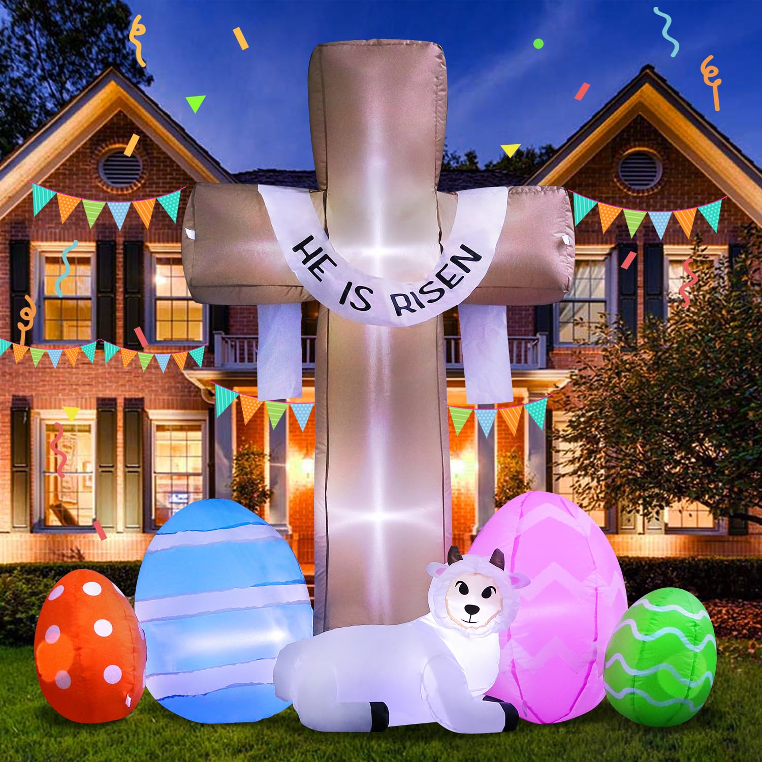 DomKom Easter Cross inflatable with LED glow enhancing nighttime garden celebrations.