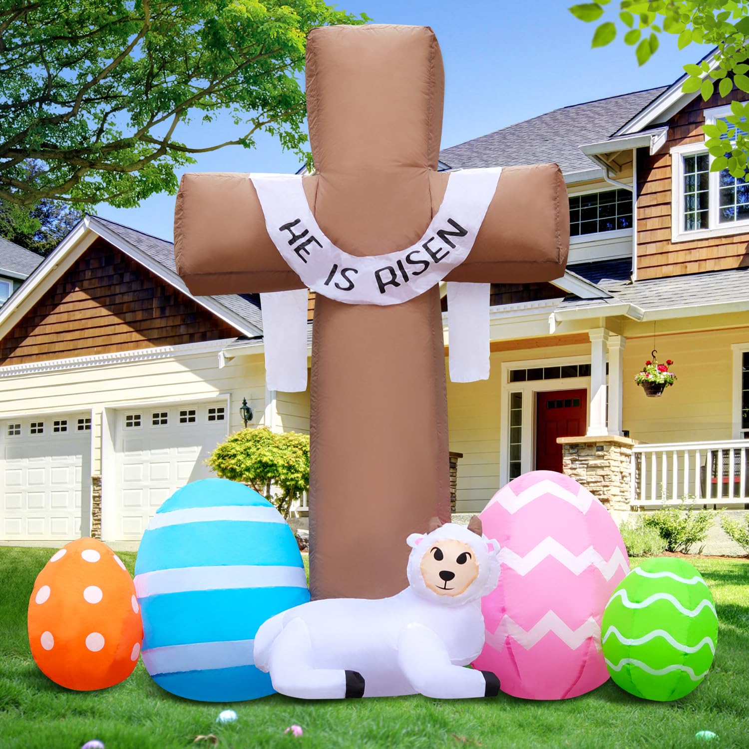 DomKom Easter Cross with built-in fan inflates quickly for instant outdoor display.