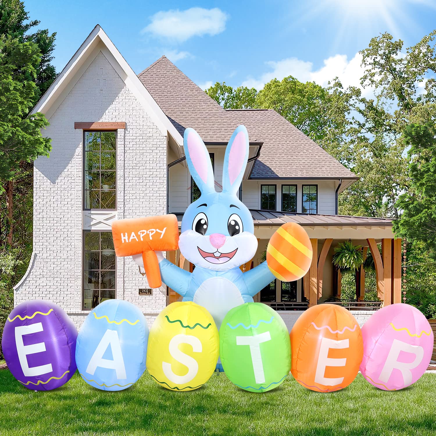 DomKom Easter bunny inflatable with LED eggs; enhances nighttime garden visibility.