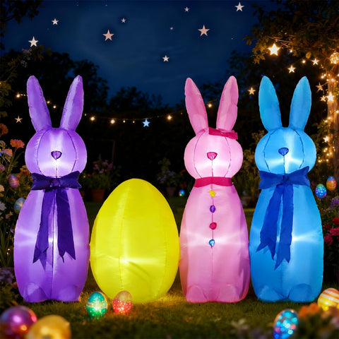 DomKom Easter inflatable bunny with LEDs brightens lawn for Easter celebrations.