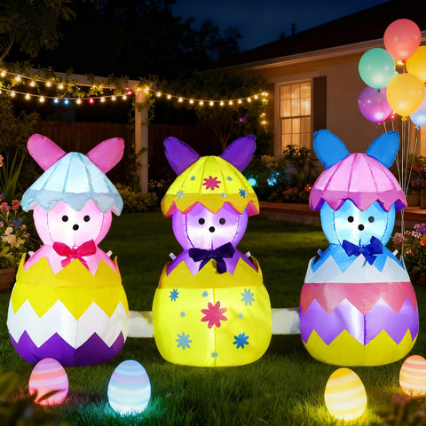 DomKom Easter inflatable bunny peeking from giant eggs enhances playful spring ambiance.