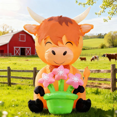 DomKom flower pots accents with the cow, adding colorful blooms.