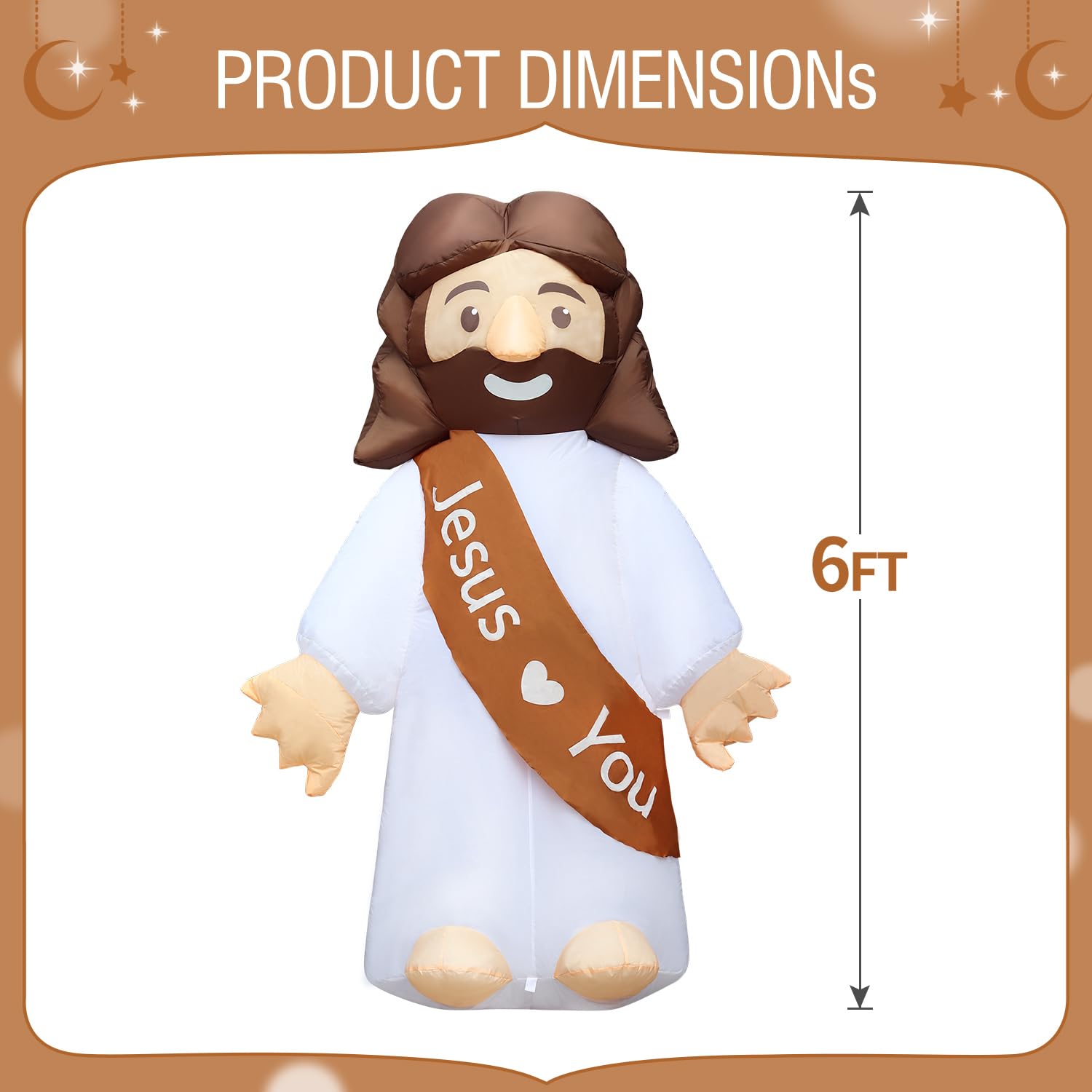DomKom 6ft Jesus inflatable—secure outdoor setup with stakes and ropes.