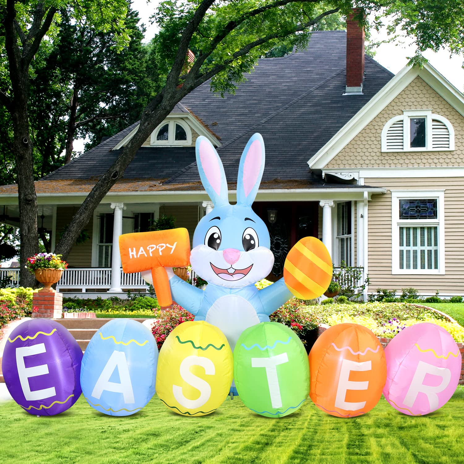 DomKom 6-foot bunny decor with built-in LEDs for night display and curb appeal.