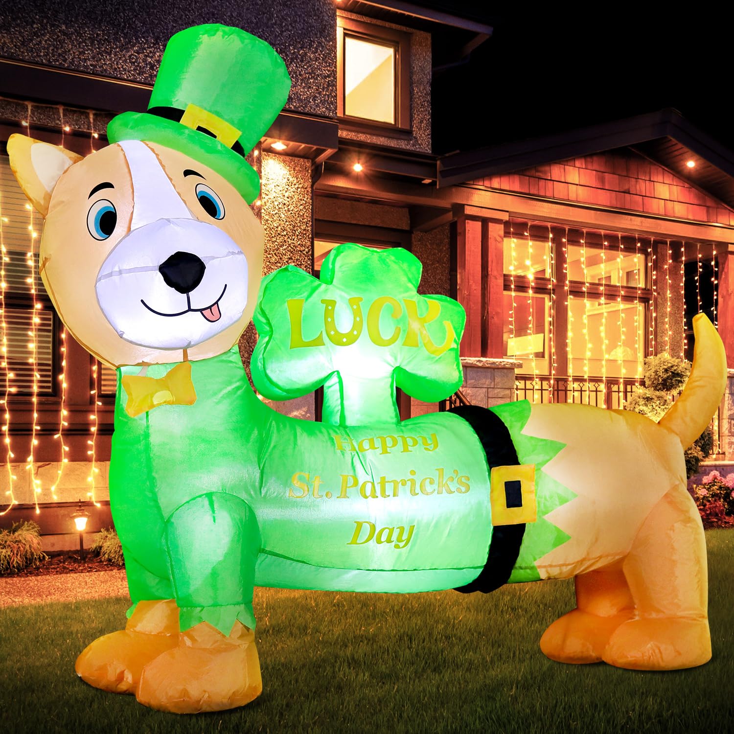 DomKom LED-lit dachshund inflatable creates a glowing yard display.