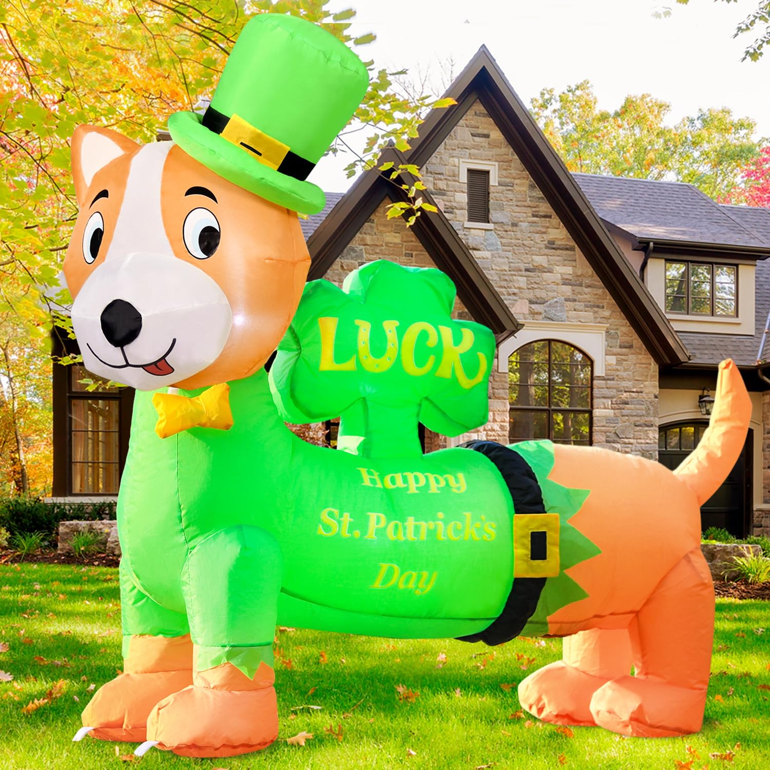 DomKom lucky shamrock dog inflatable for outdoor celebration at night.