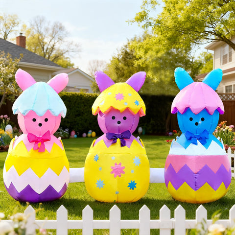 DomKom outdoor LED Easter inflatable lights up lawn for evening celebrations.