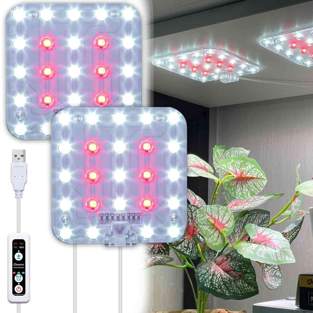 DOMMIA full spectrum two-panel grow light, front view boosts indoor plant growth