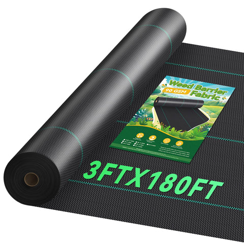 Domusensus weed barrier roll laid on soil showing durable 3.2oz fabric for weed reduction.