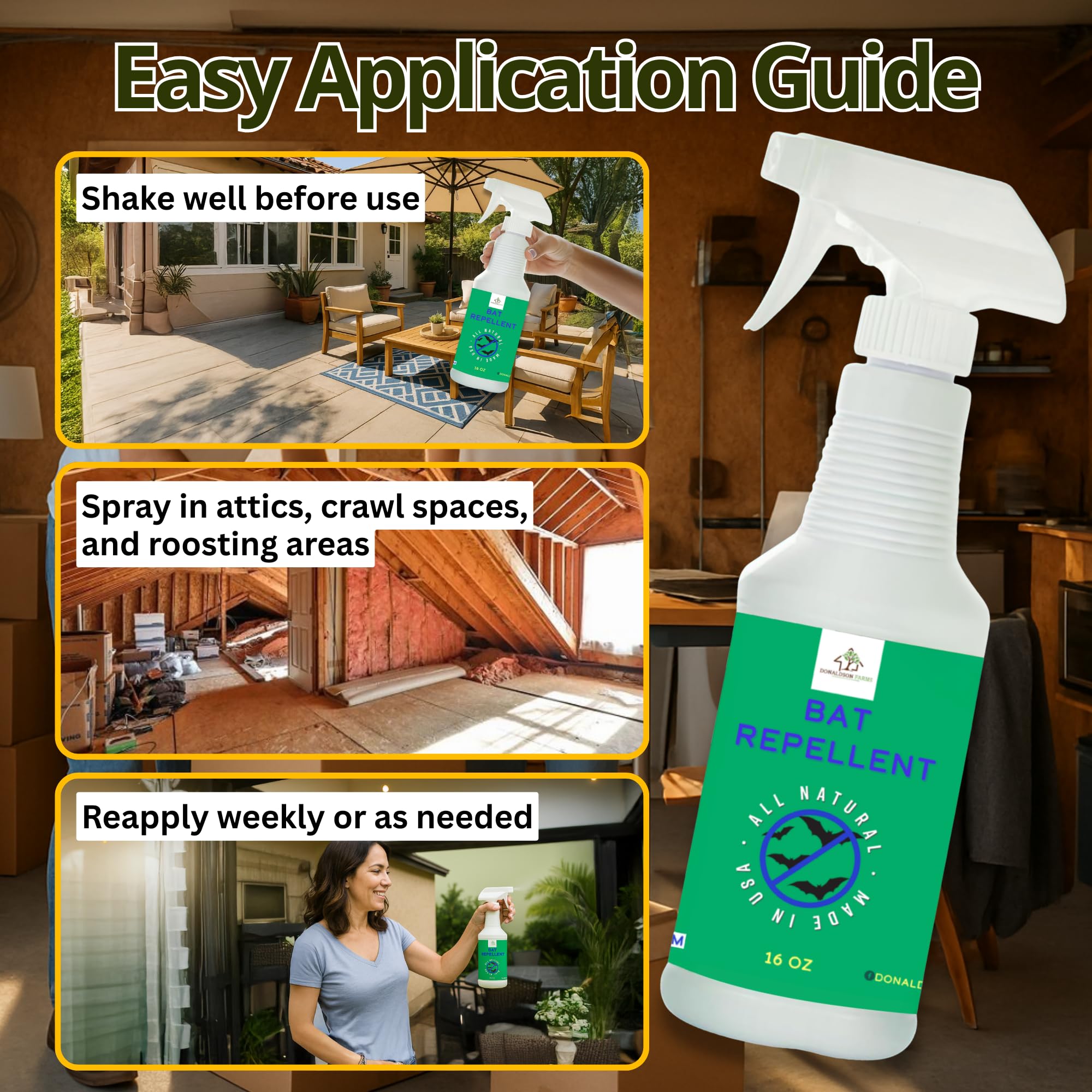 Easy spray-on action with Donaldson Farms Bat Repellent Spray