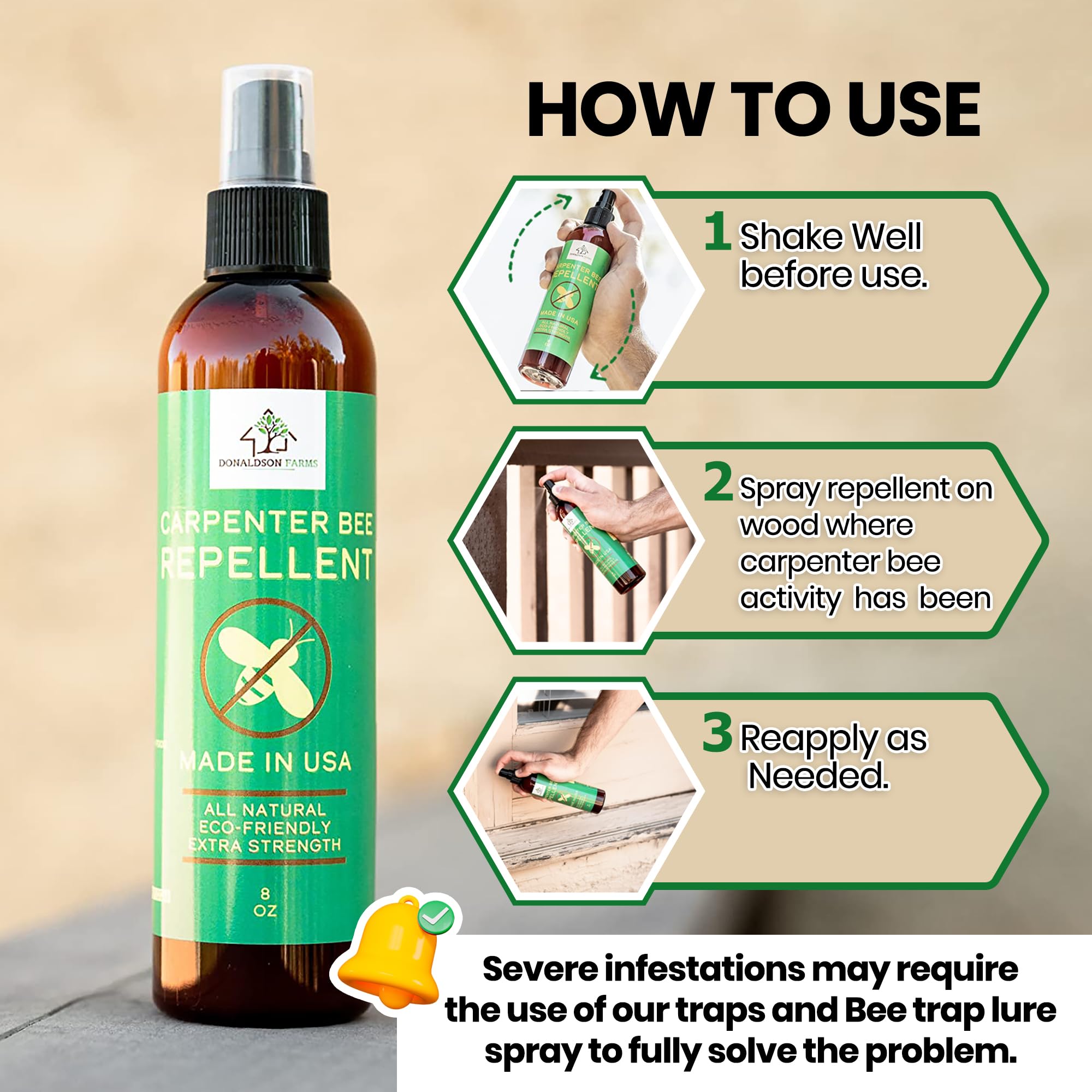 Donaldson Farms carpenter bee repellent spray targets drill holes to deter bees.