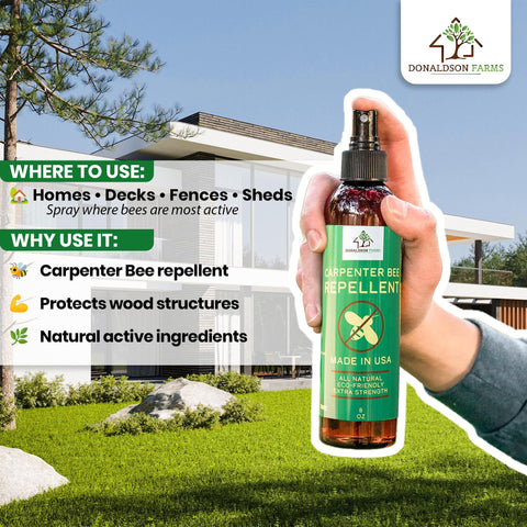 Donaldson Farms carpenter bee repellent spray for garden furniture deters bees.
