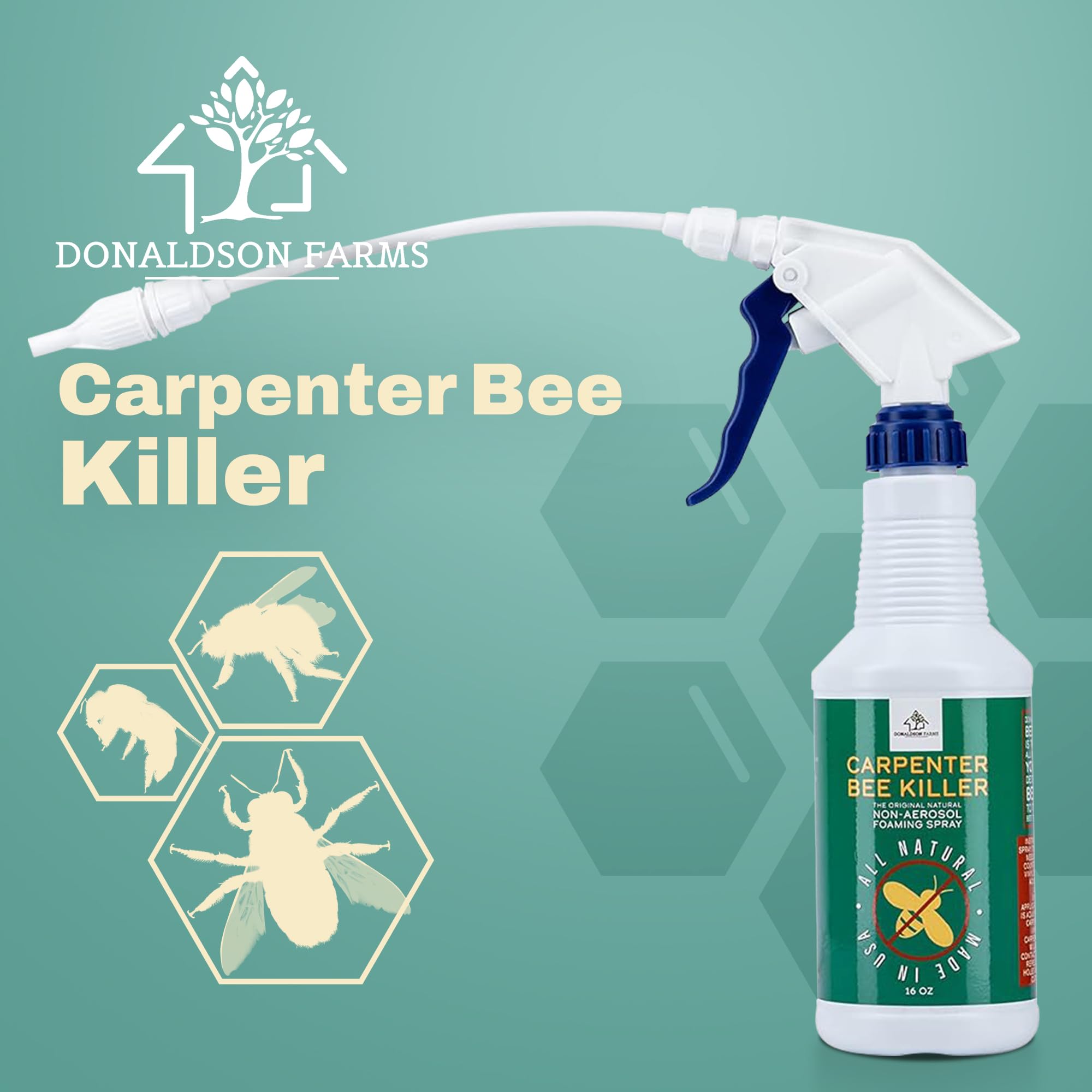 Donaldson Farms deep reach precision nozzle directs spray into hidden carpenter bee tunnels.