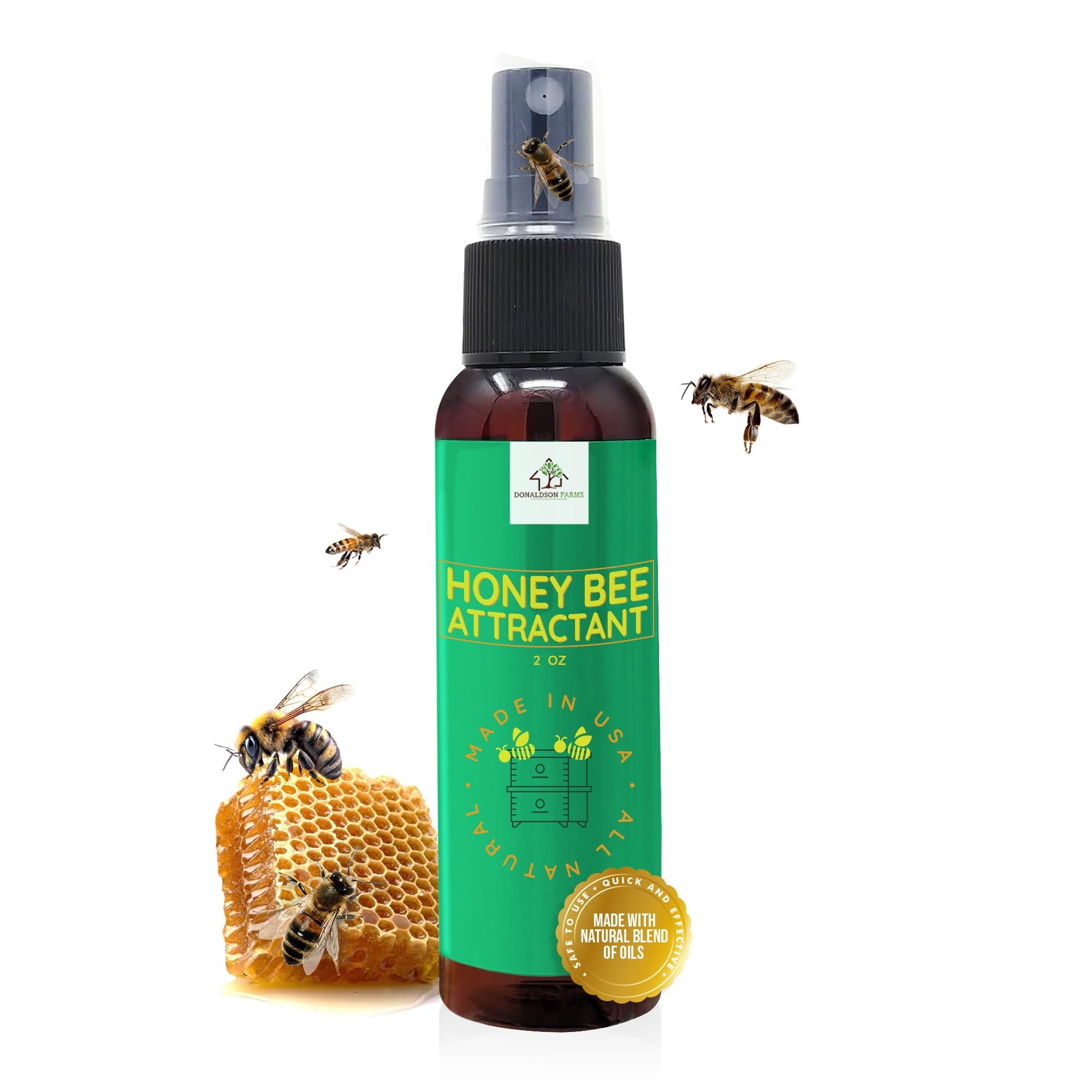 Donaldson Farms honey bee attractant bottle pour attracts pollinators near hives