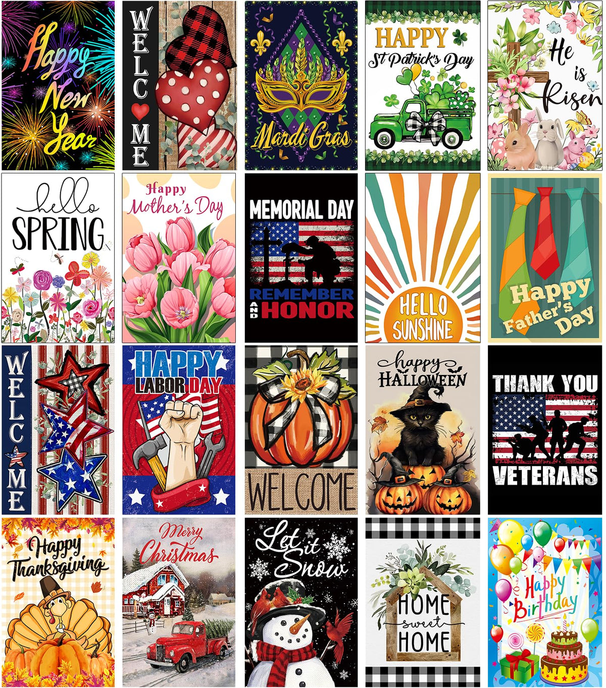 Doncida seasonal garden flags set with 20 designs for year-round outdoor decoration.