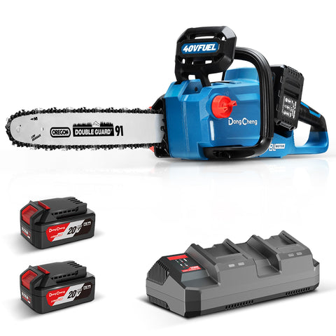 Dong Cheng brushless cordless chainsaw 16-inch in action for fast yard cleanup and precise cuts