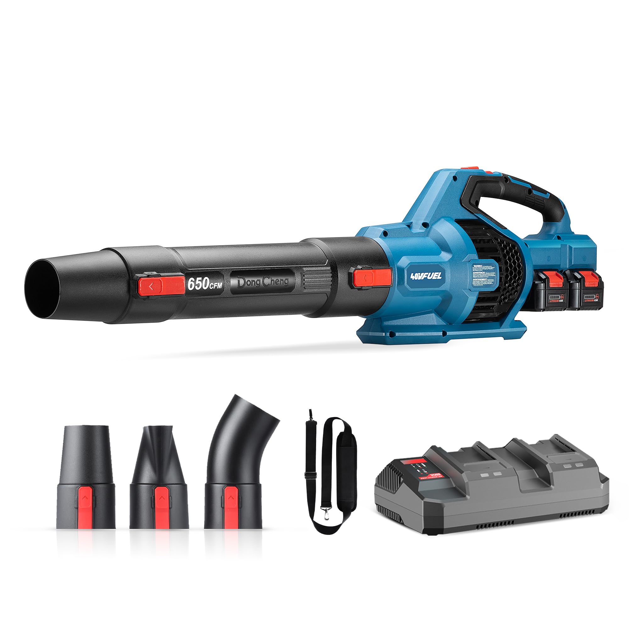 Dong Cheng brushless cordless blower shows 40V power for quick yard cleanup