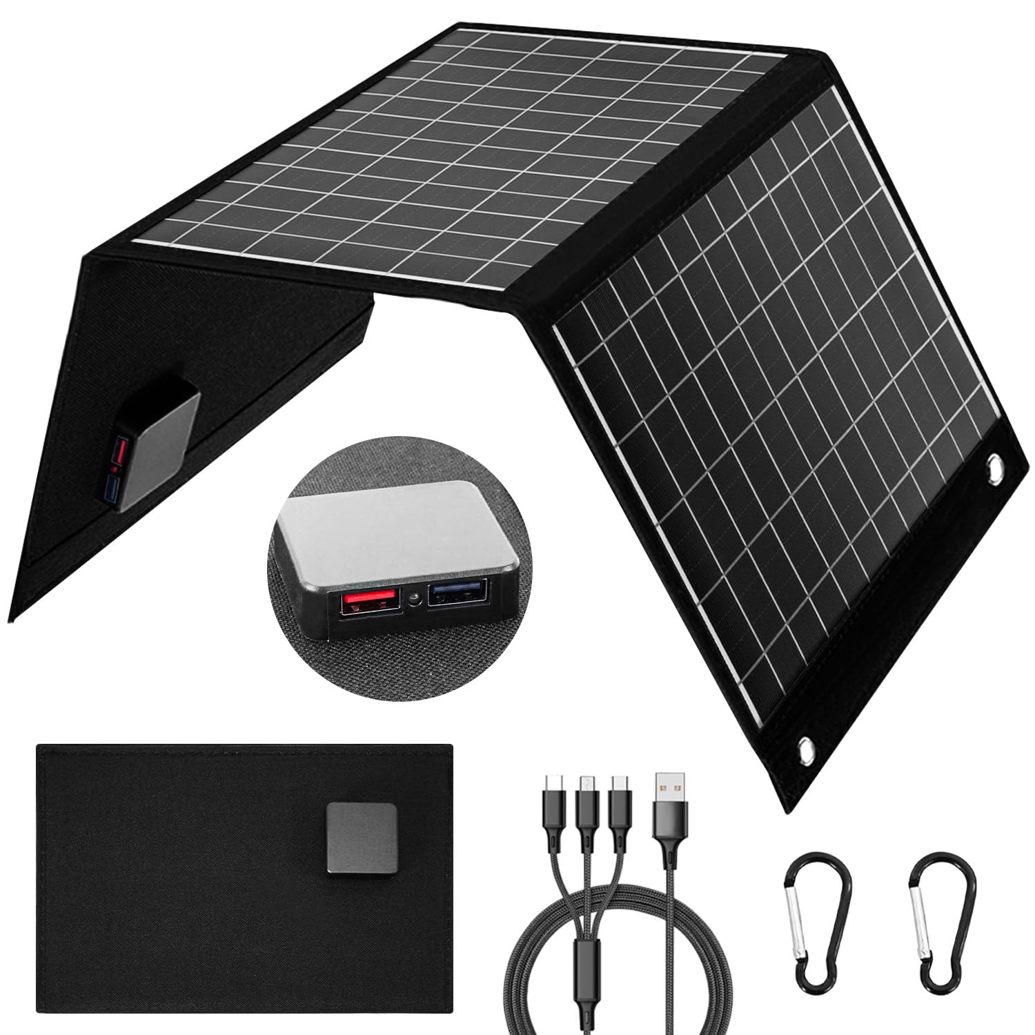 Dongindar 30W foldable solar charger open to capture sunlight and power devices.