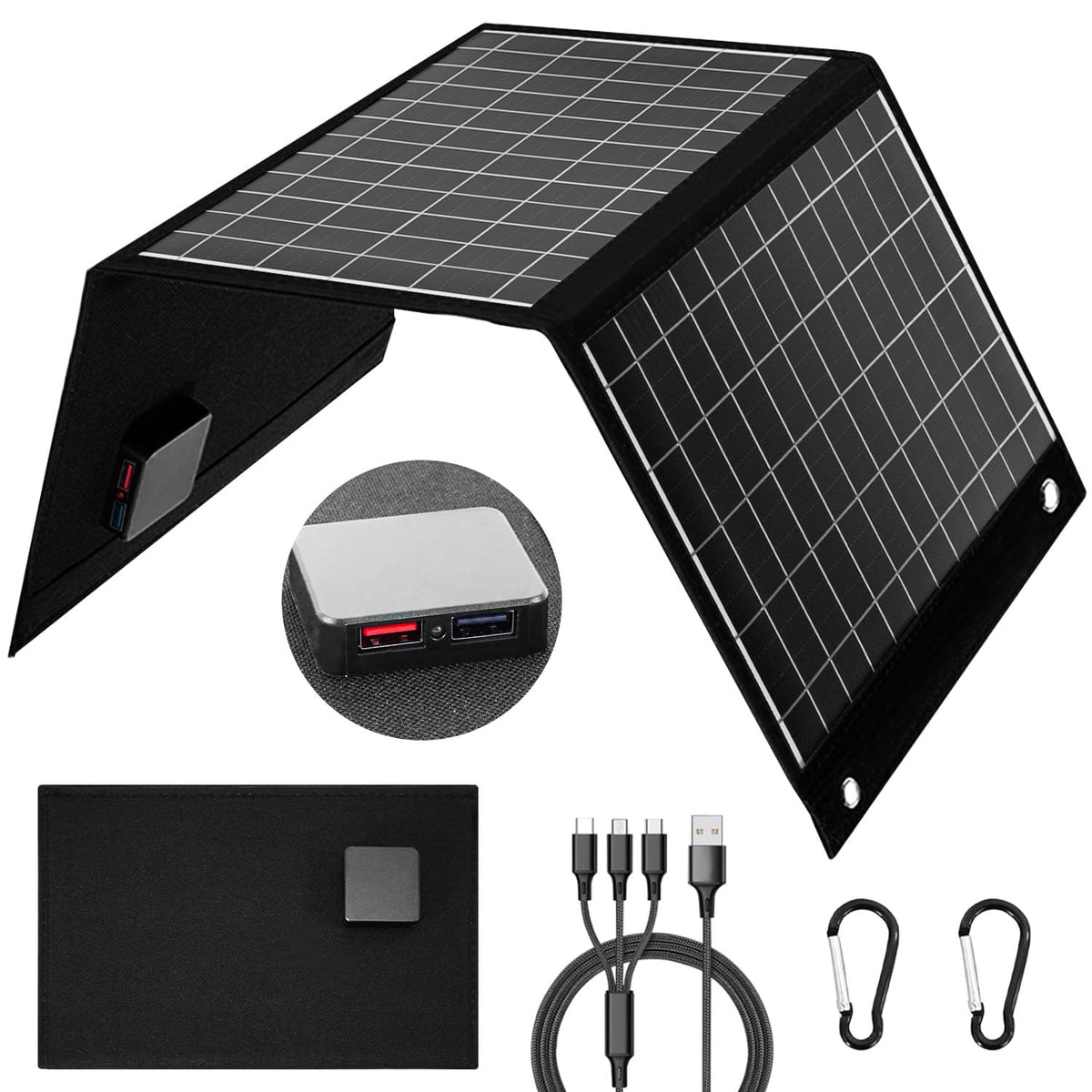 Dongindar 30W foldable solar charger open to capture sunlight and power devices.