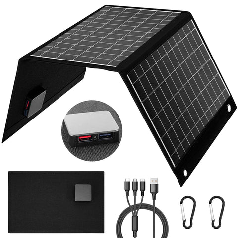 Dongindar 30W foldable solar charger open to capture sunlight and power devices.