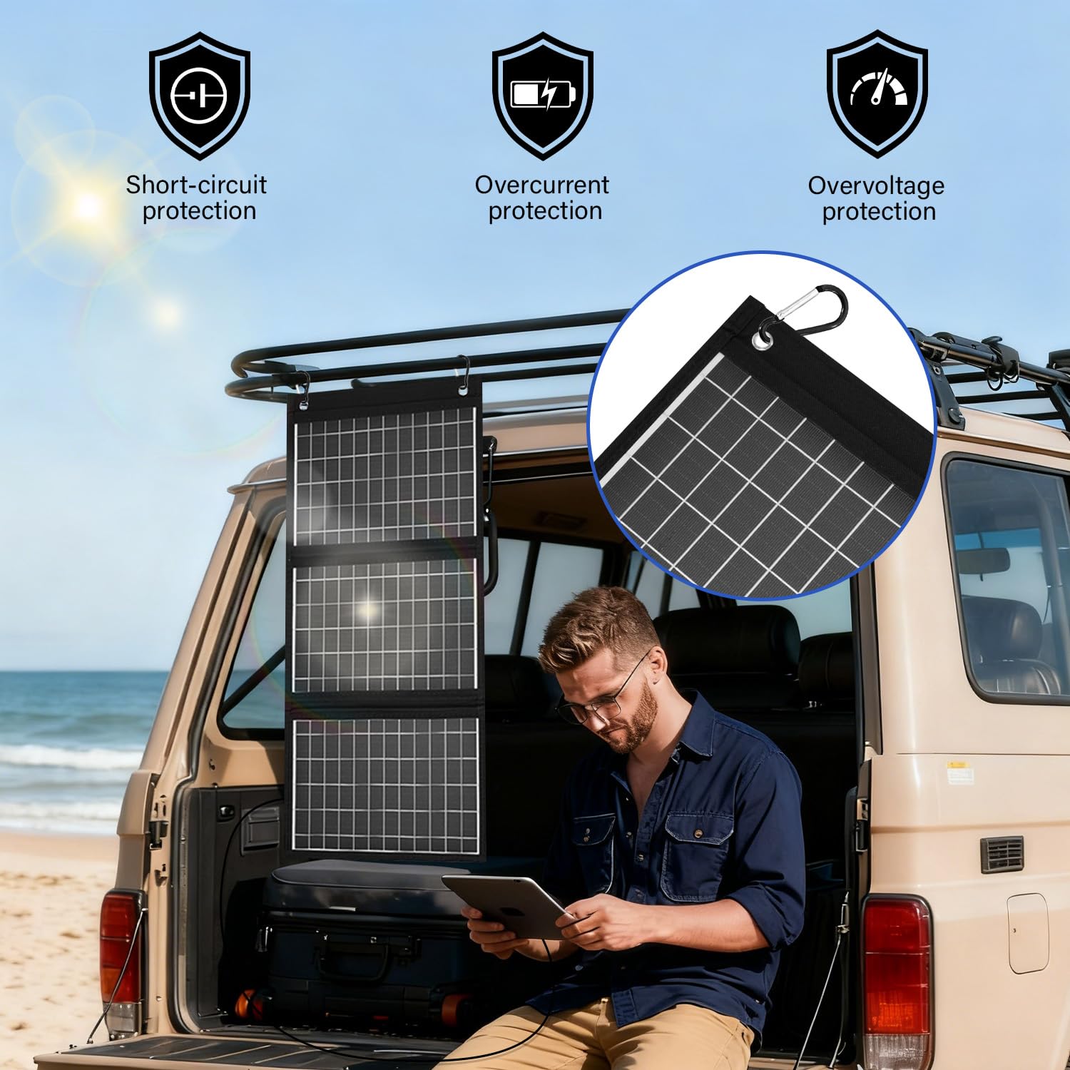 Dongindar 30W solar kit includes 3-in-1 charging cable and manual.