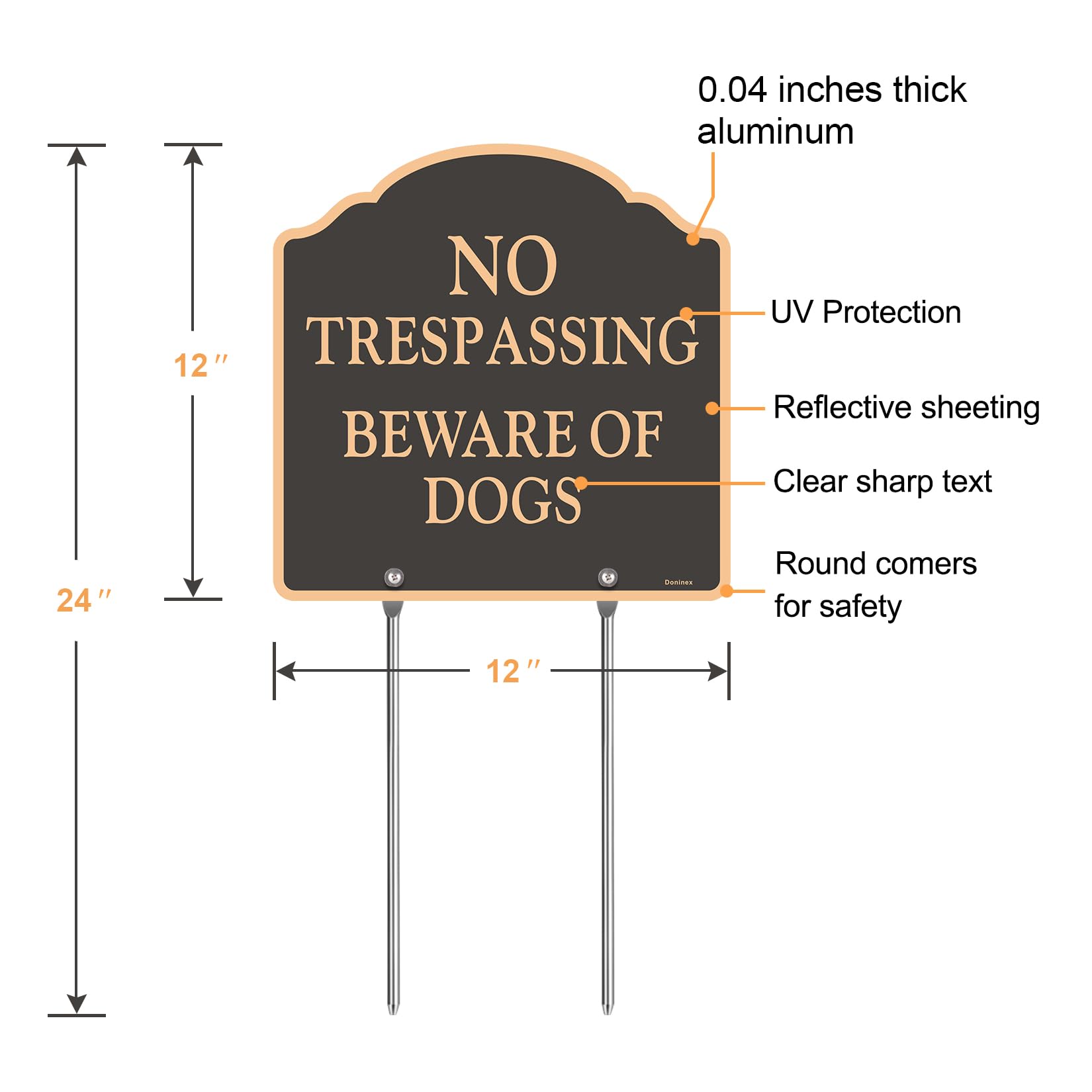 Doninex No Trespassing 12x12 sign with gold trim improves perimeter awareness.