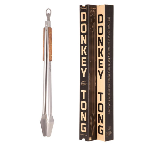 Donkey Long Tong 27-inch tongs grip meat from a distance, reducing flare-ups.
