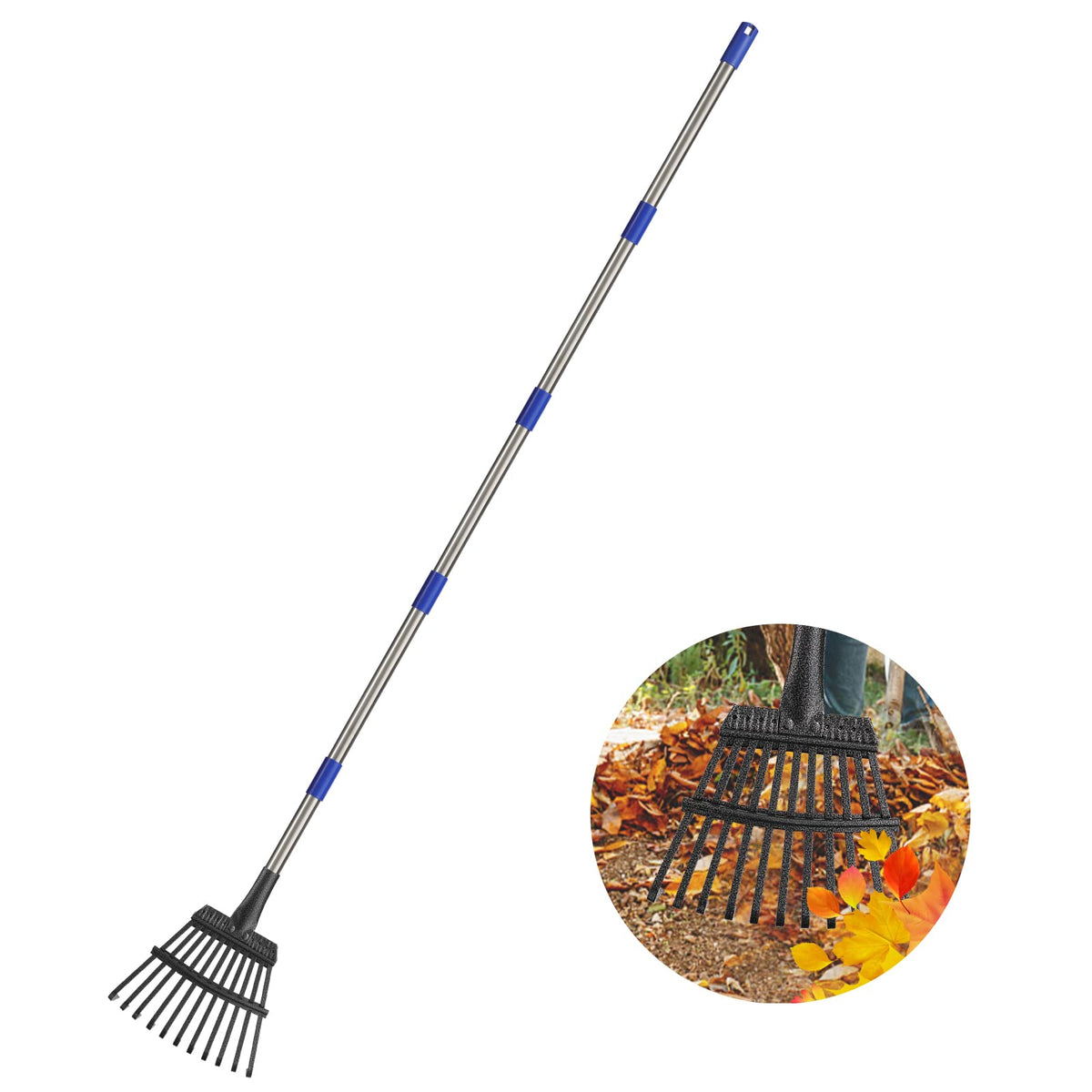 DonSail leaf rake with 8-inch wide head and 11 tines for efficient leaf cleanup.