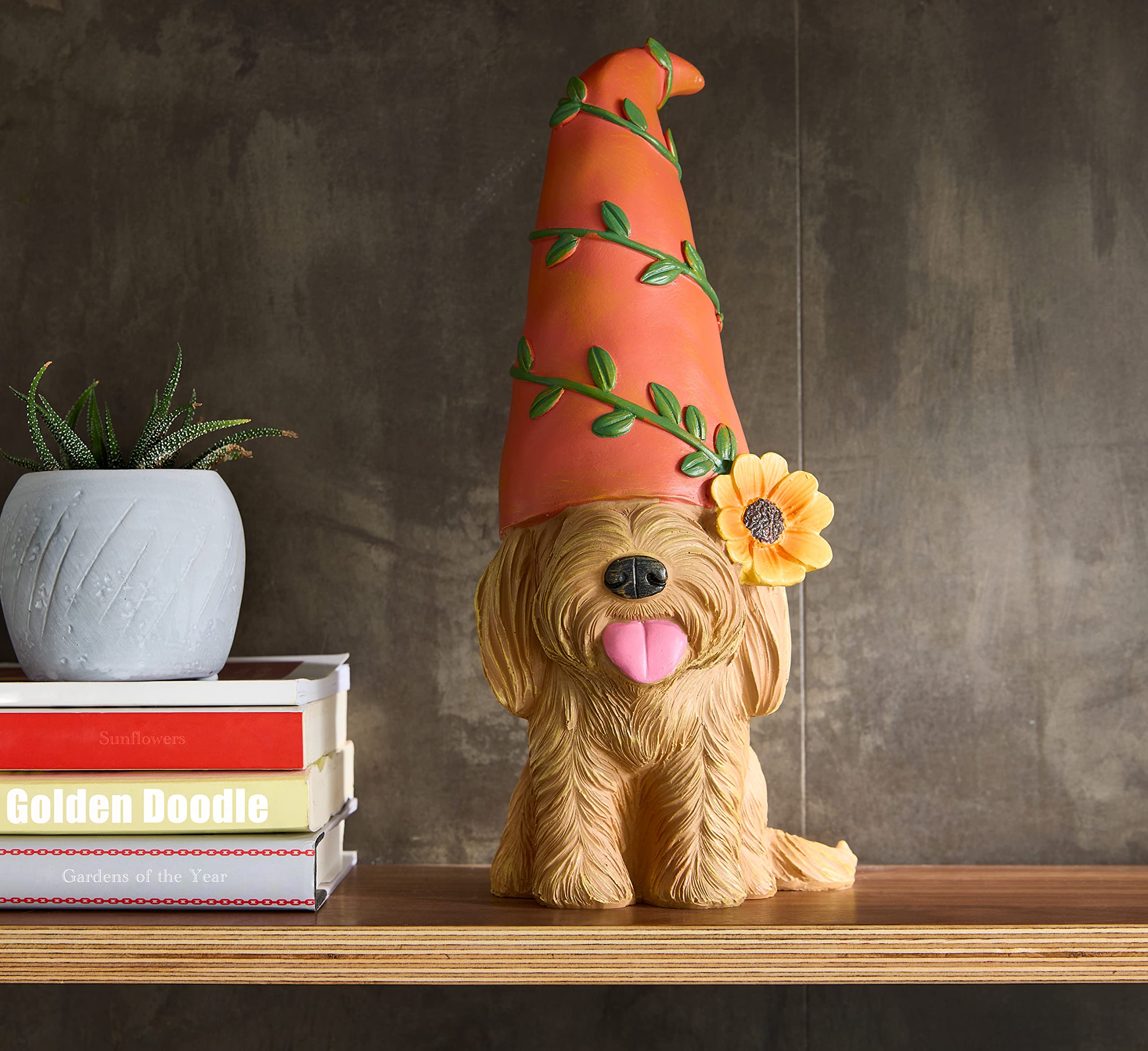 Doodle Gnome golden doodle garden statue adds playful personality to patios.