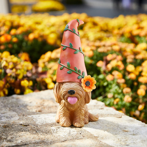 Doodle Gnome outdoor dog statue serves as a charming focal point.