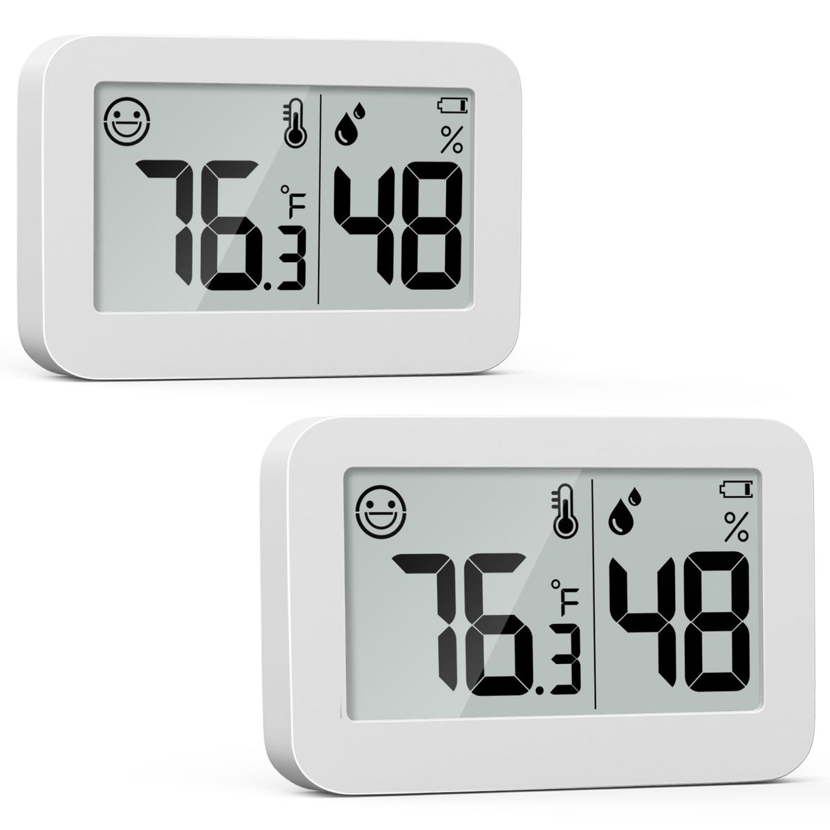 DOOMAY 2-pack mini hygrometer LCD display shows temperature and humidity for quick monitoring.