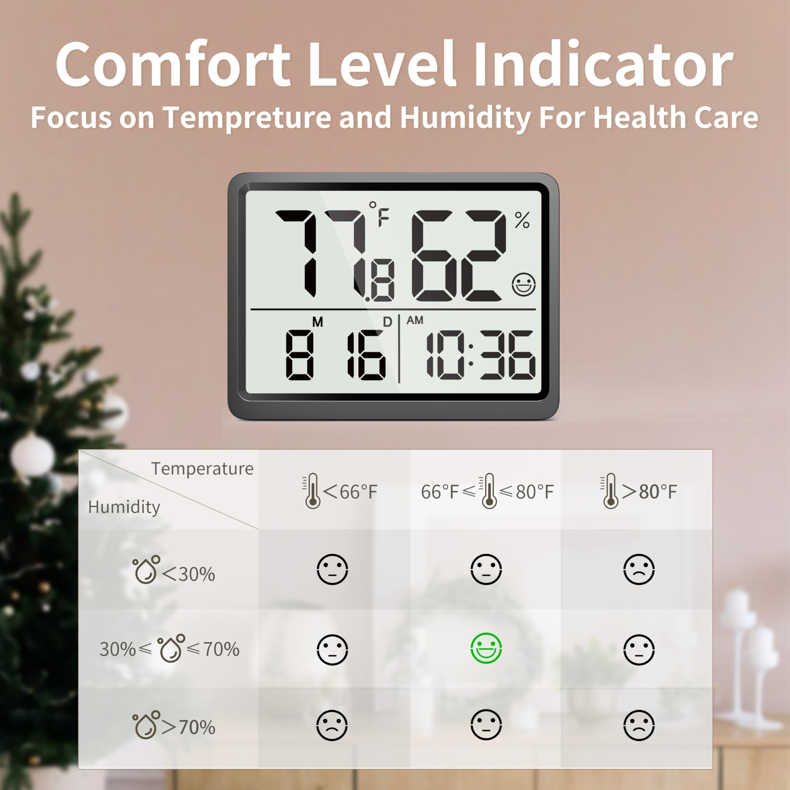 DOOMAY indoor thermometer with versatile mounting options for walls, desks or magnets.