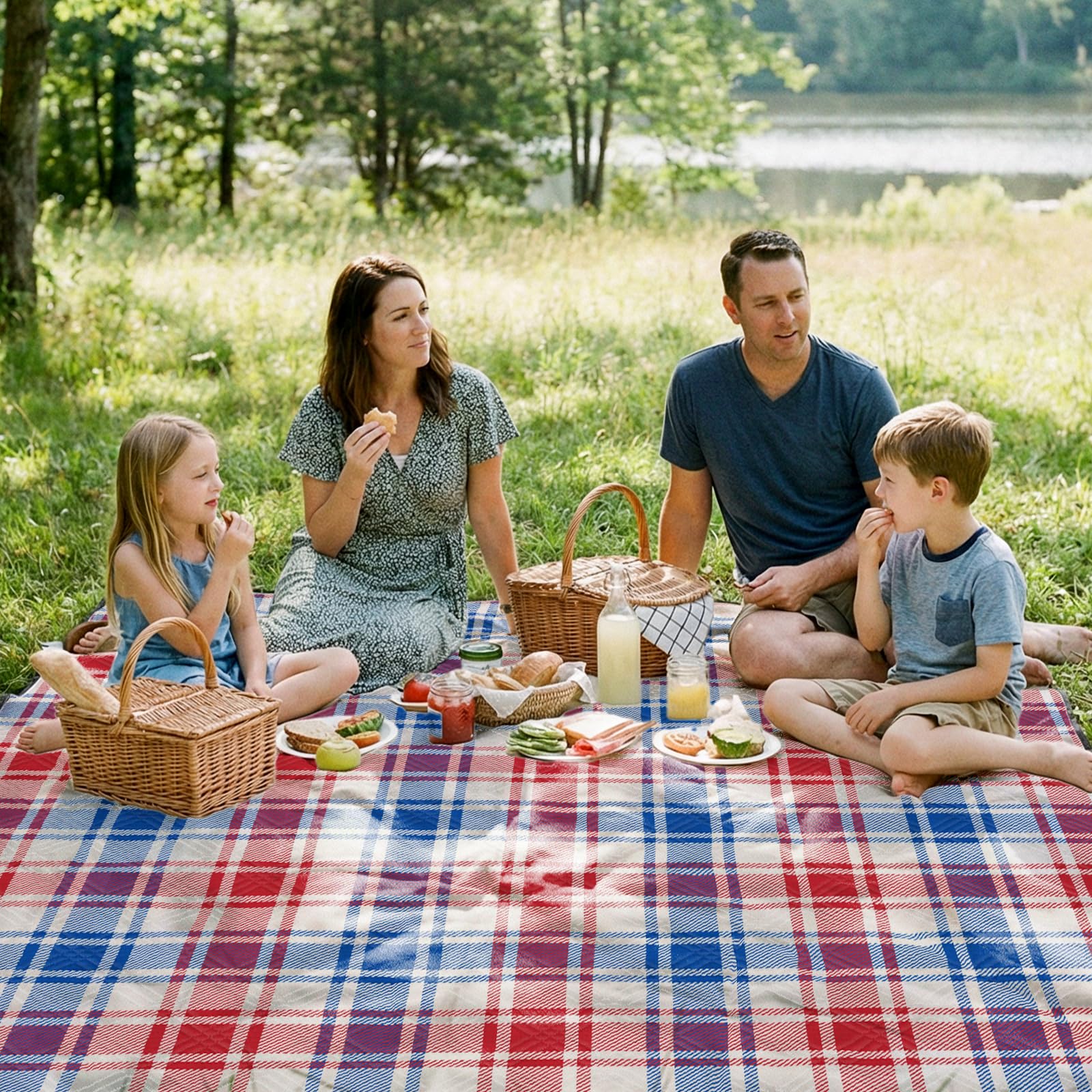 Doonly versatile outdoor blanket in blue, red, and white colors