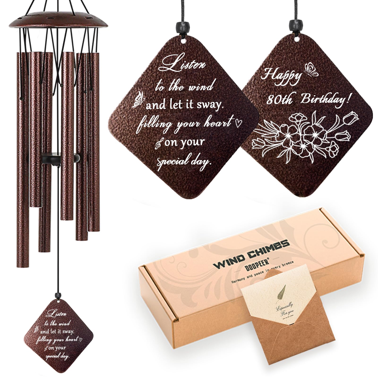 Doopeer 80th birthday wind chime bronze 32-inch, symbolic blessing for milestone celebration