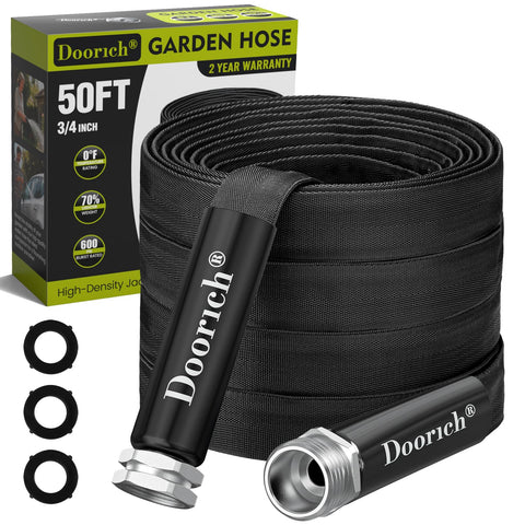 Doorich garden hose 50 ft in a neat coil showcasing easy storage and space-saving design.