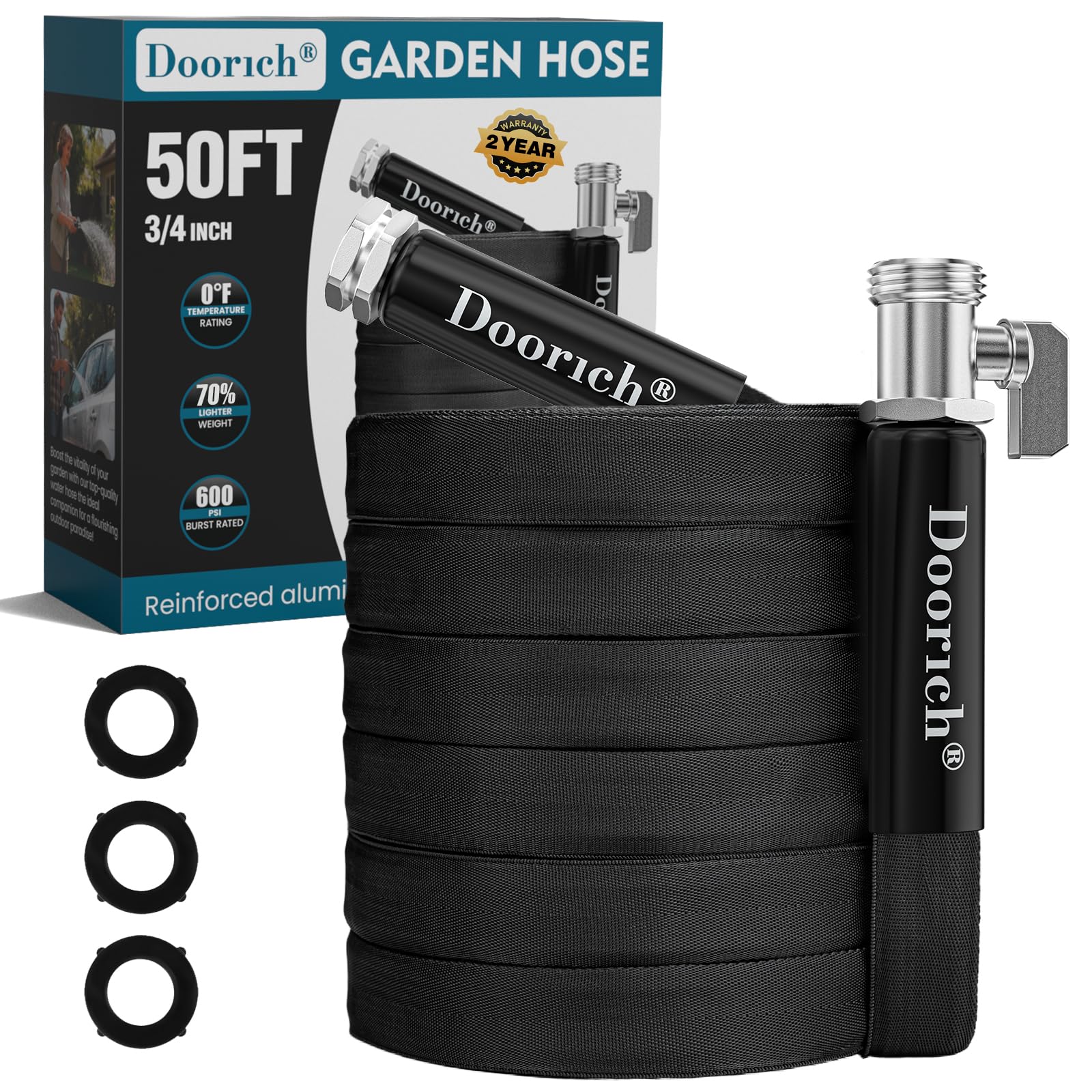 Doorich garden hose 50ft with flat-to-round profile for easy maneuvering around beds.