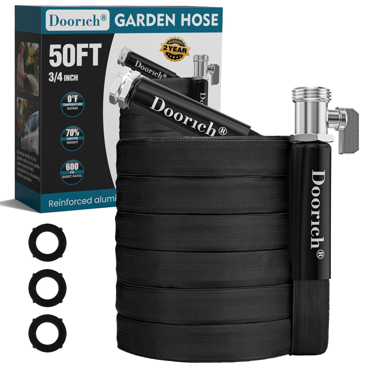 Doorich garden hose 50ft with flat-to-round profile for easy maneuvering around beds.