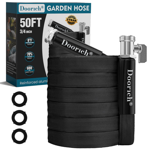 Doorich garden hose 50ft with flat-to-round profile for easy maneuvering around beds.