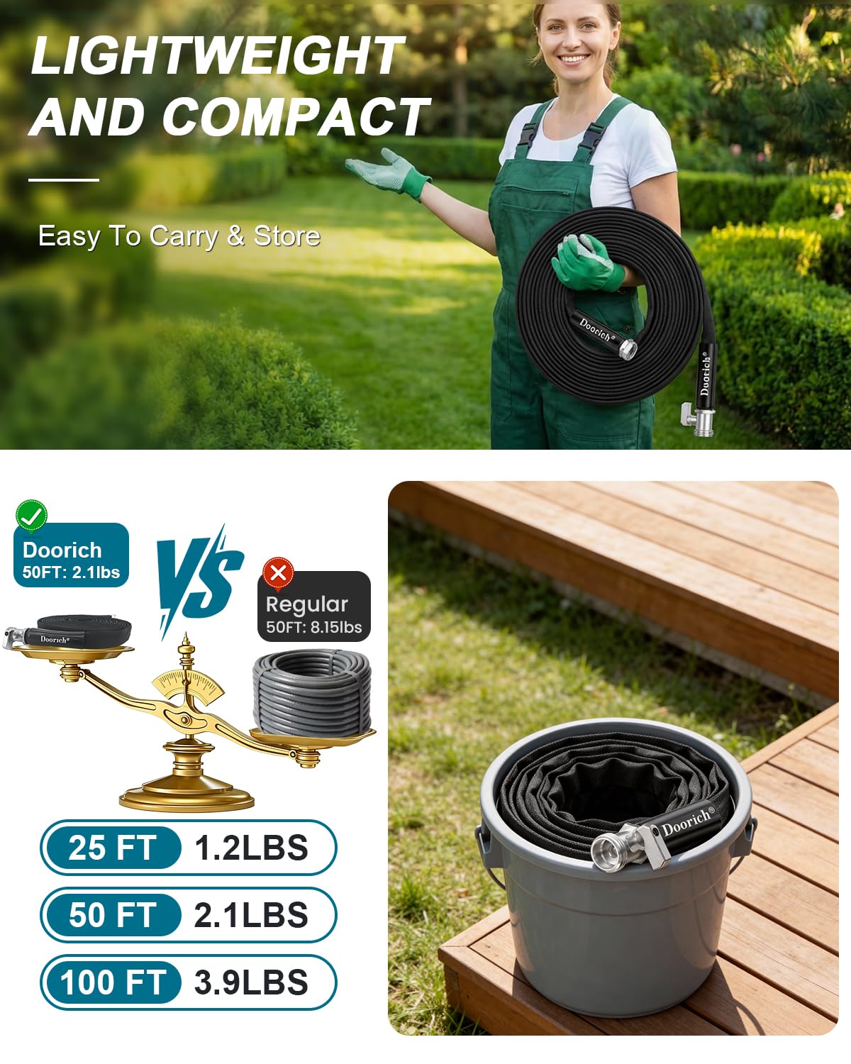 Doorich hose is 70% lighter for reduced fatigue during yard tasks.
