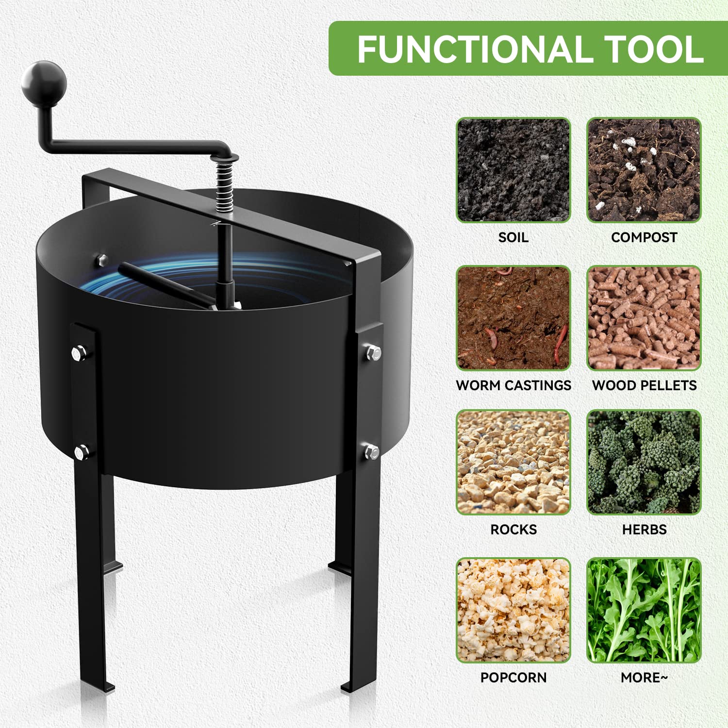Dootiva Rotary Soil Sifter in action with compost screen separates stones and weeds.