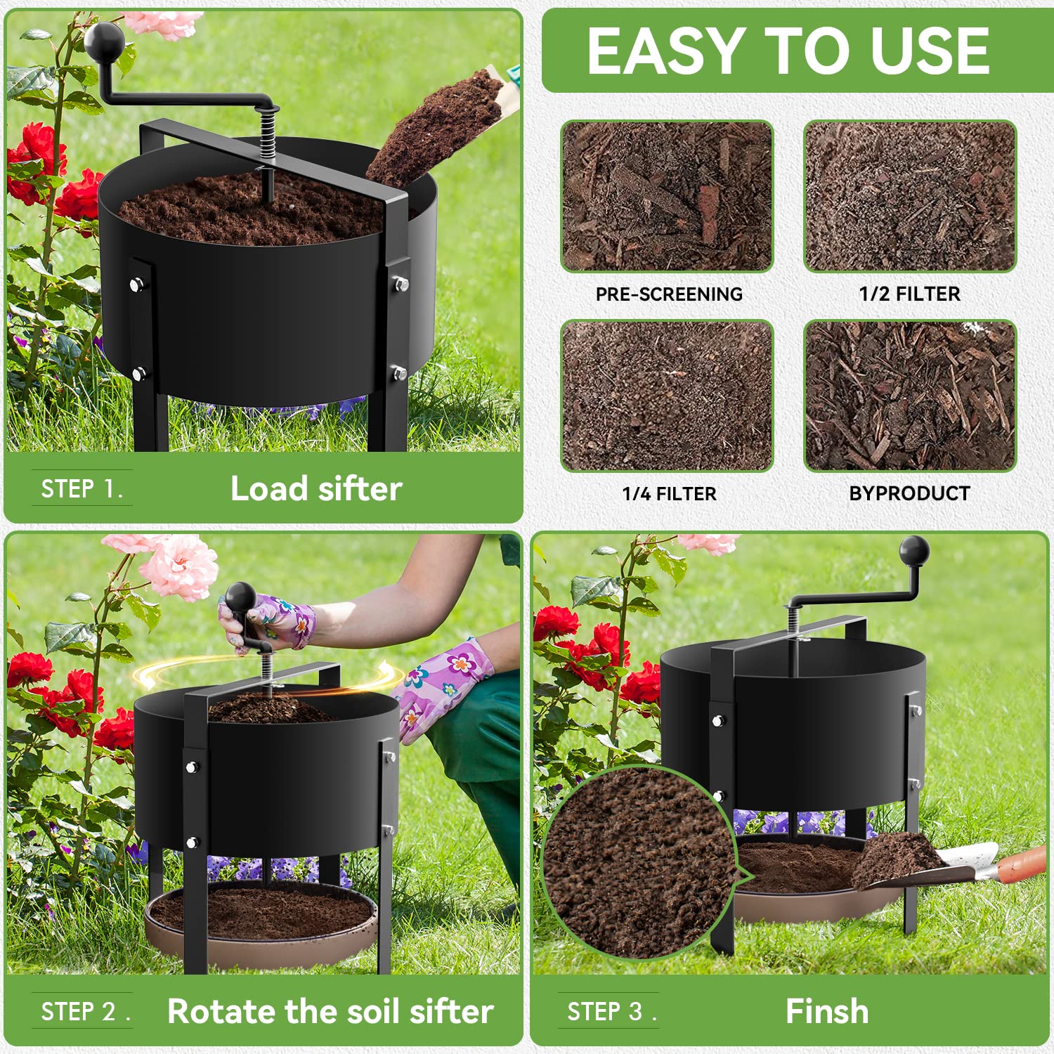 Dootiva Rotary Soil Sifter sturdy metal construction promises years of use.