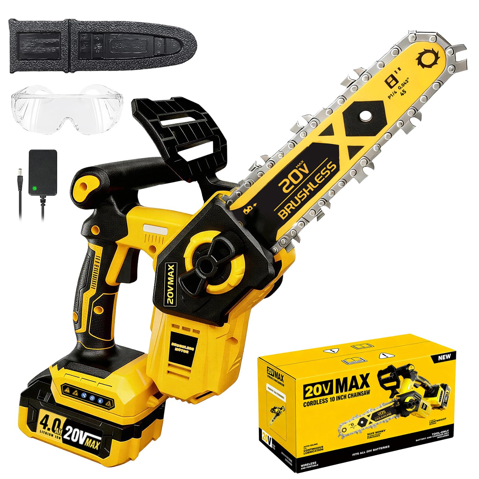 DOOYUTOOL 8-inch chainsaw body with Dewalt 20V battery enabling portable wood cutting.