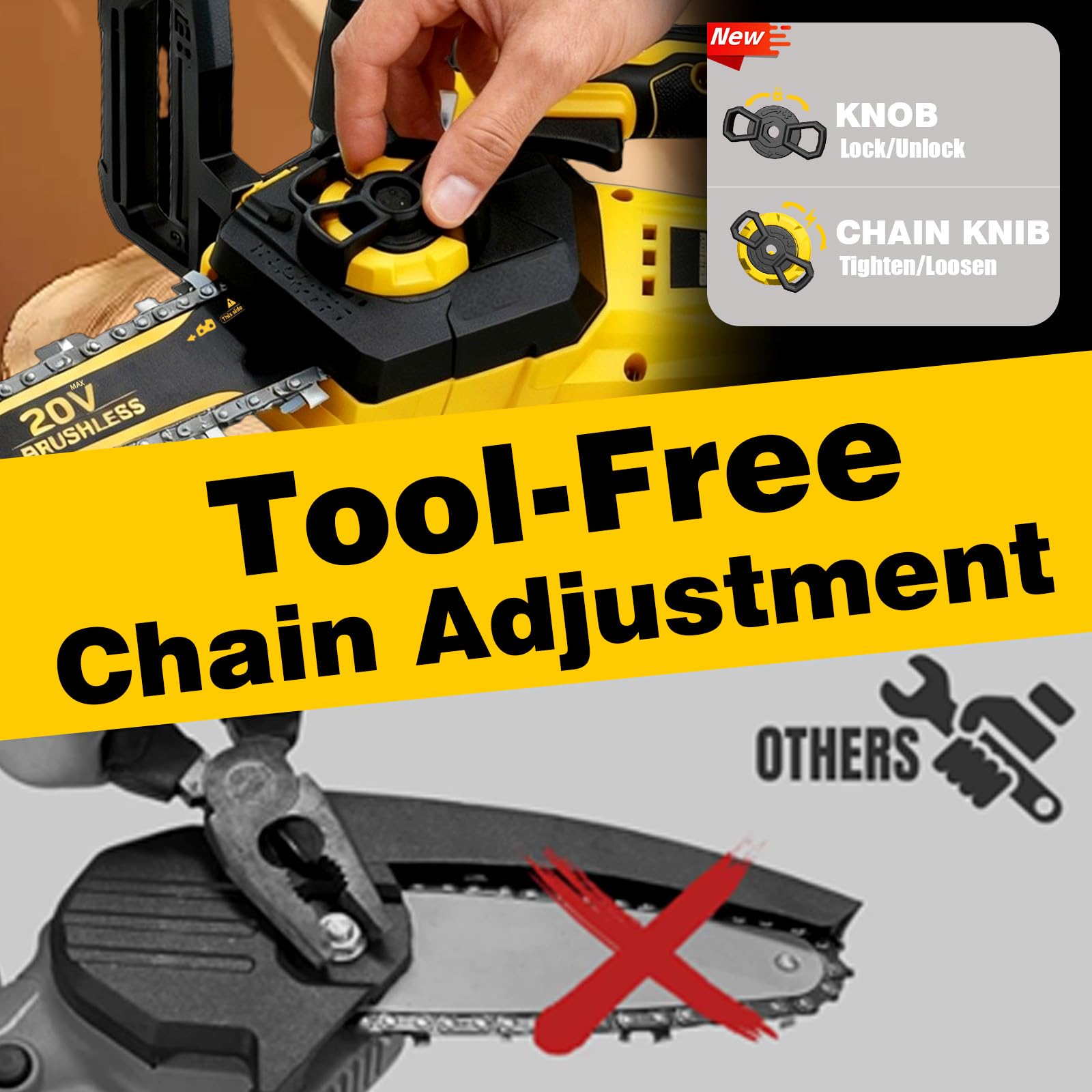 DOOYUTOOL chain brake button image showing immediate stop for safety.