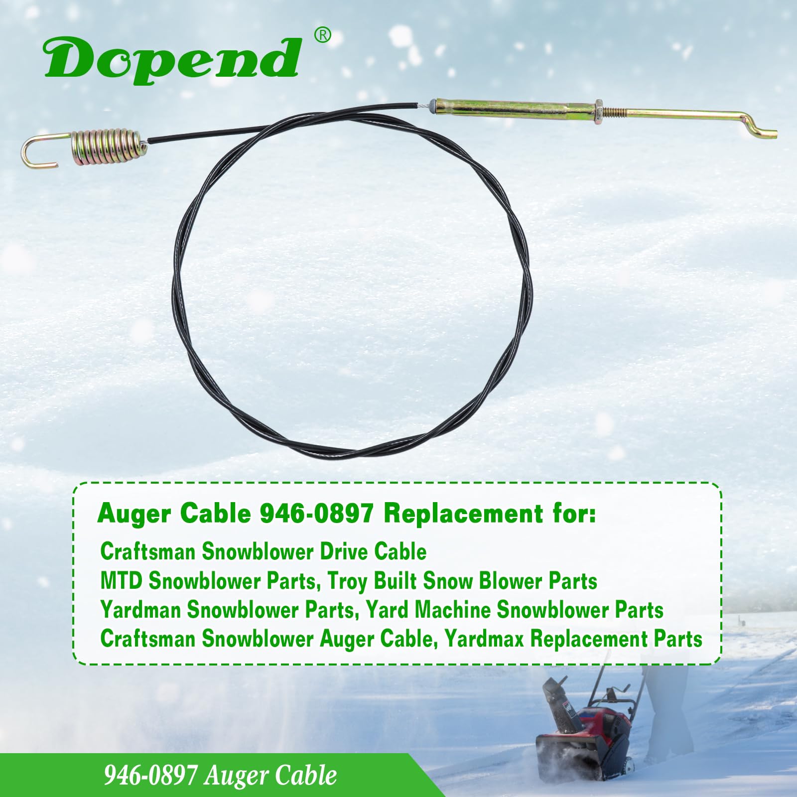 Dopend auger cable with spring end maintains tension for reliable operation.