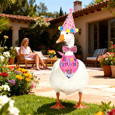 DOPENSPI pink party hat on porch goose with adjustable strap.