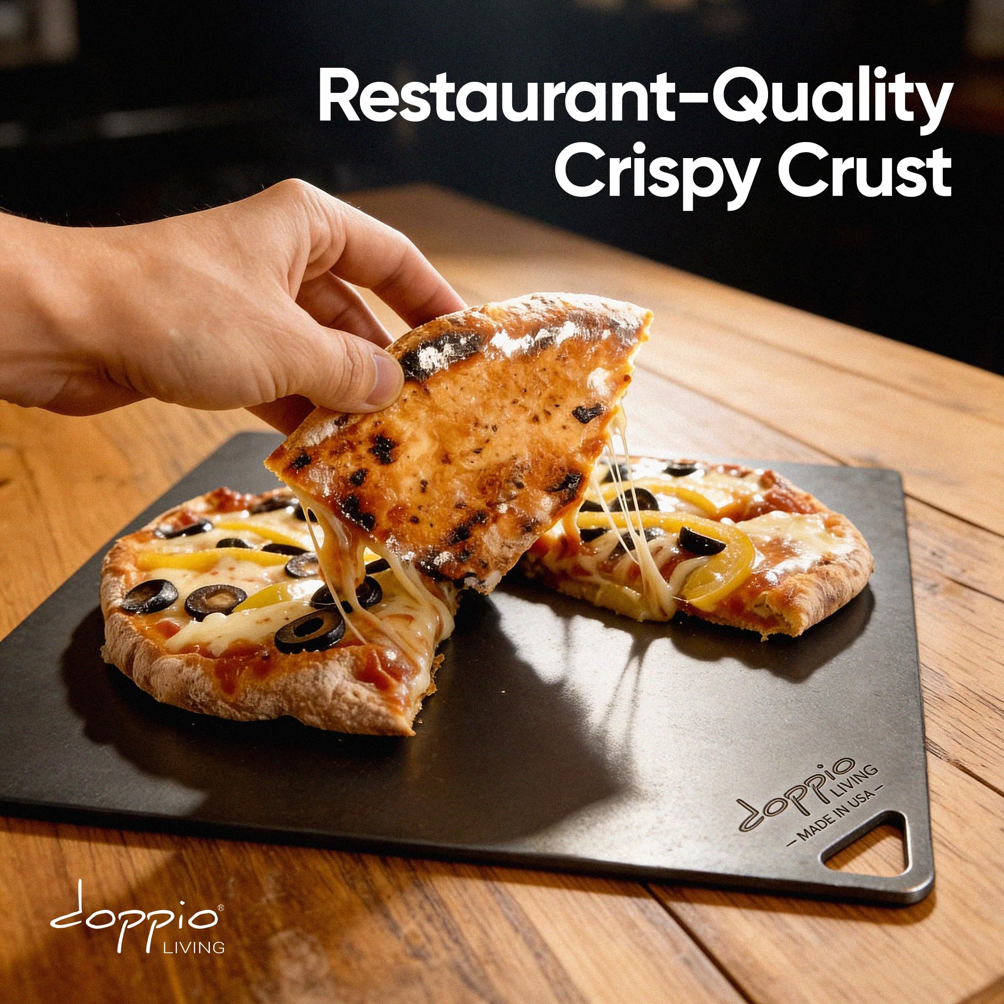 Doppio LIVING pizza steel browns crust evenly in a home oven