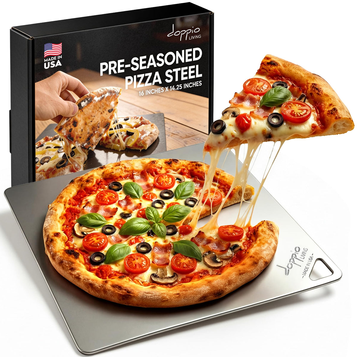 Doppio LIVING pizza steel in oven for even heat and crispy crust