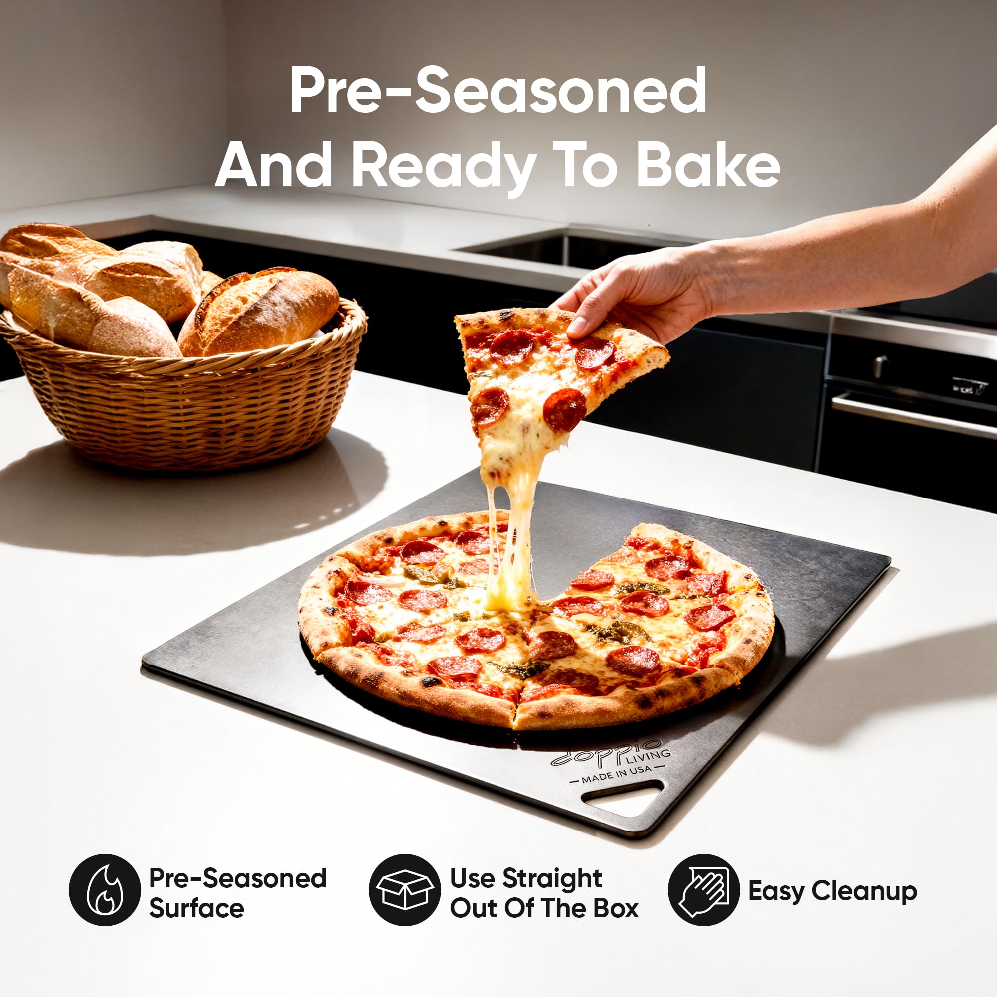 Doppio LIVING pre-seasoned steel offers ready-to-use release and easy handling